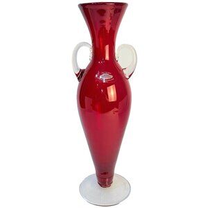 2000 Richard Blenko Ruby Red Vase Artist Signed 14" Tall